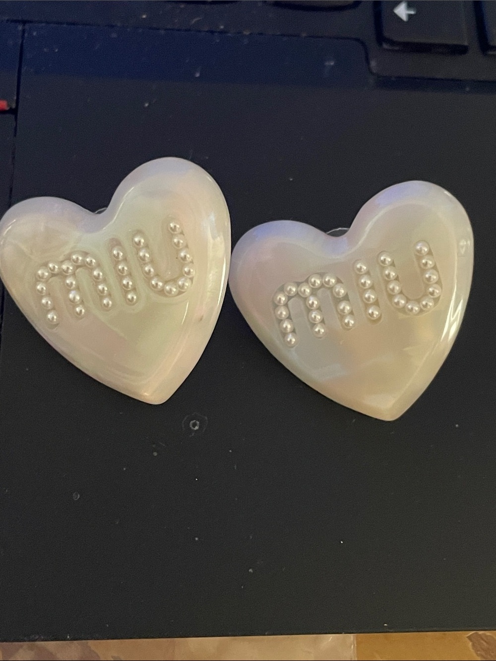 Miu Miu pearlescent heart pearl logo earrings - authentic - adorable
